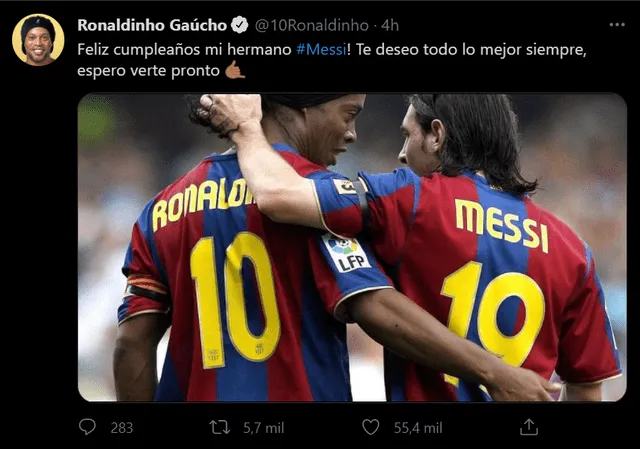 Tuit de Ronaldinho dedicado a Lionel Messi. Foto: captura
