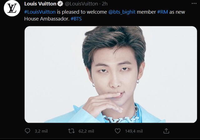 Tuit de la imagen liberada de RM por Louis Vuitton. Foto: captura Twitter