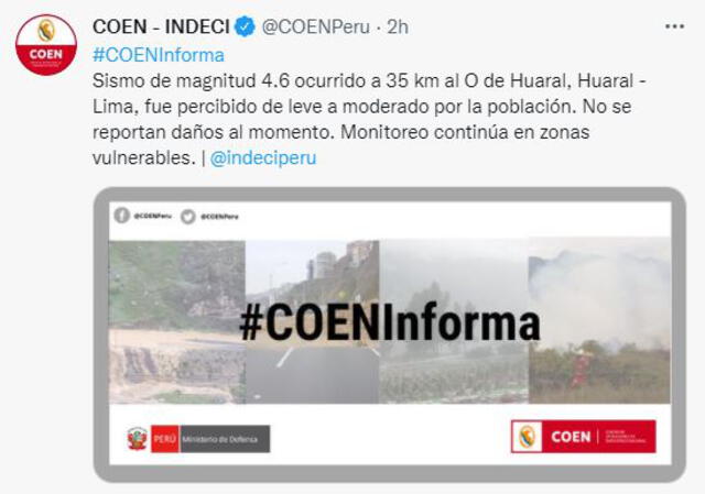 COEN sobre sismo. Foto: Twitter