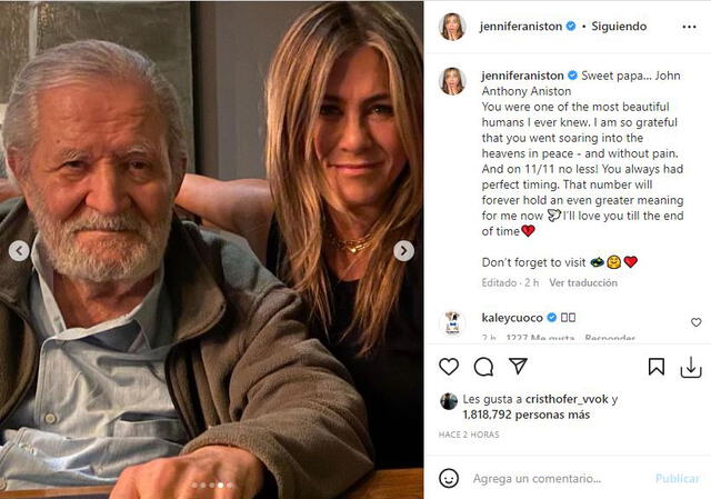 Jennifer Aniston expresa el cariño que siente por su padre ante su muerte