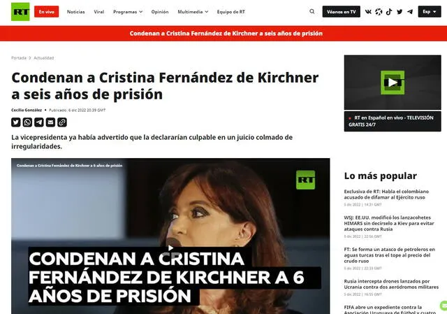 Así informó la prensa internacional sobre la condena a prisión a Cristina Kirchner. Foto: captura RT.
