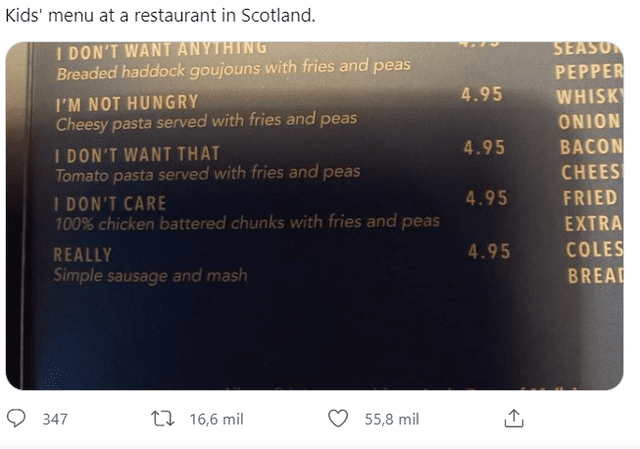 Restaurante escocés sorprende por los peculiares nombres para su menú infantil