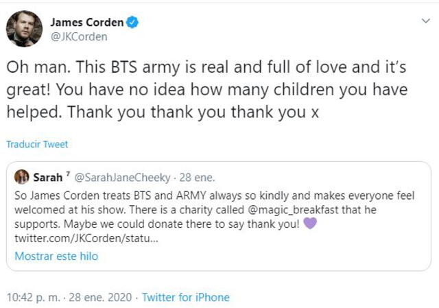 ARMY BTS donaciones James Corden