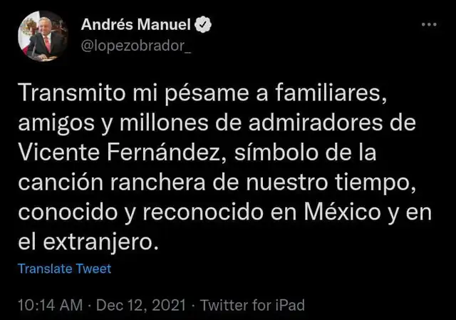 Famosos reaccionan a la muerte de Vicente Fernández. Foto: Andrés Manuel/ Twitter