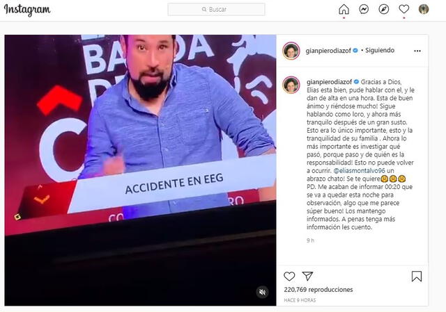 Gian Piero Díaz escribió en su cuenta de Instagram sobre el estado de salud de Elías Montalvo. Foto: captura de pantalla