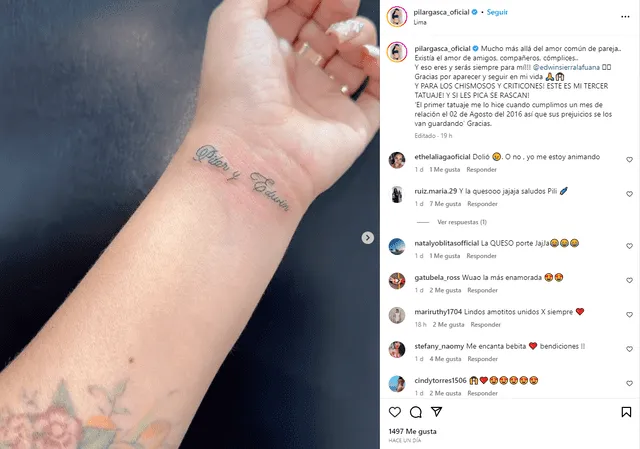  Pilar Gasca hizo un tercer tatuaje en honor a Edwin Sierra. Foto: captura/Instagram 