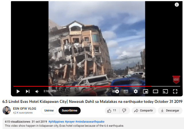  Imagen similar a la pieza en cuestión se registra en un video de 2019. También está asociada a otro terremoto de Filipinas. Foto: captura en Youtube / ESN OFW VLOG.   