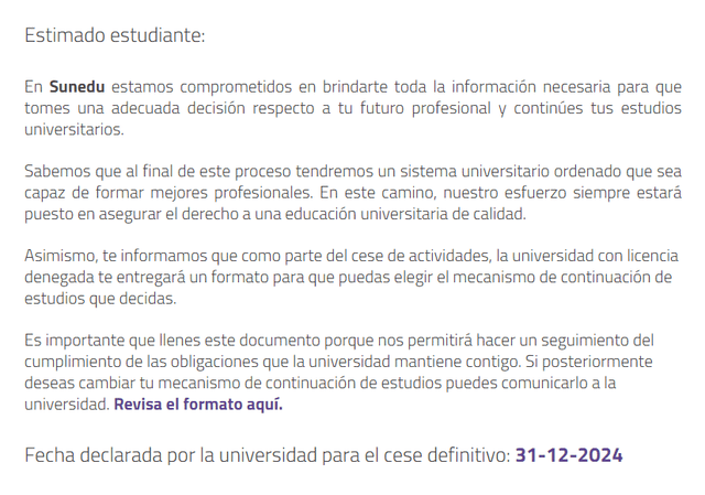  Comunicado oficial de Sunedu sobre el cese de universidades no licenciadas. Foto: captura de pantalla/Sunedu   