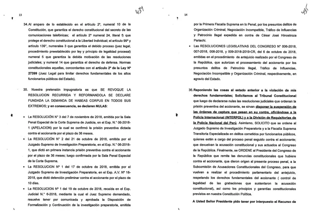 Resoluciones que César Hinostroza solicita al TC anular.   