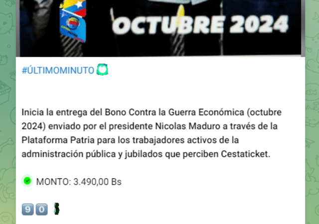 El Bono de Guerra para los trabajadores llegó el 15 de octubre de 2024. Foto: Canal Patria Digital/ Telegram