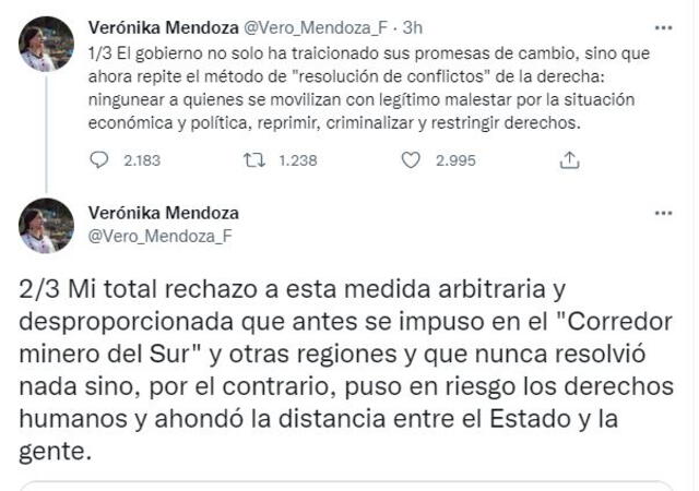 Verónika Mendoza criticó al gobierno de Pedro Castillo por toque de queda. Foto: Captura Twitter