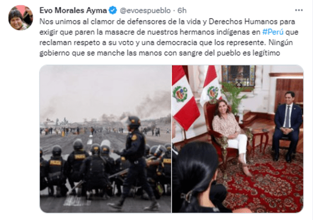 Expresidente de Bolivia, Evo Morales, exige que se pare la “masacre” de indígenas en Perú