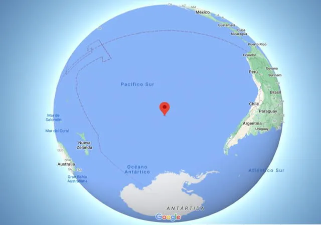 Lugar en el mapa del Punto Nemo, a 2.700 km de tierra firme y habitada. Foto: Meteored