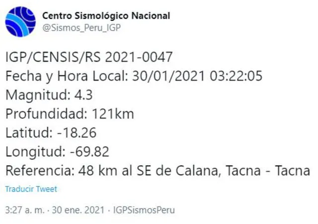 Sismo Tacna 30 enero 2021