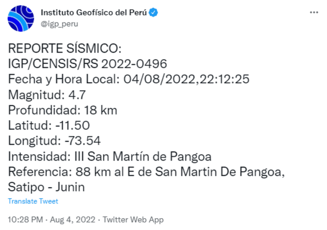 Datos del sismo en Junín. Foto: IGP