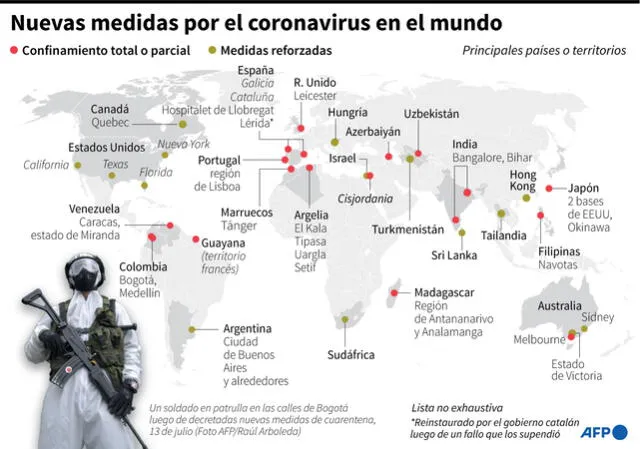 Países o regiones en donde se instauraron nuevas medidas para limitar la propagación del coronavirus. Infografía: AFP