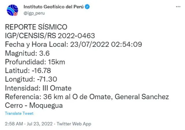 Datos del sismo en Moquegua. Foto: captura de Twitter @igp_peru