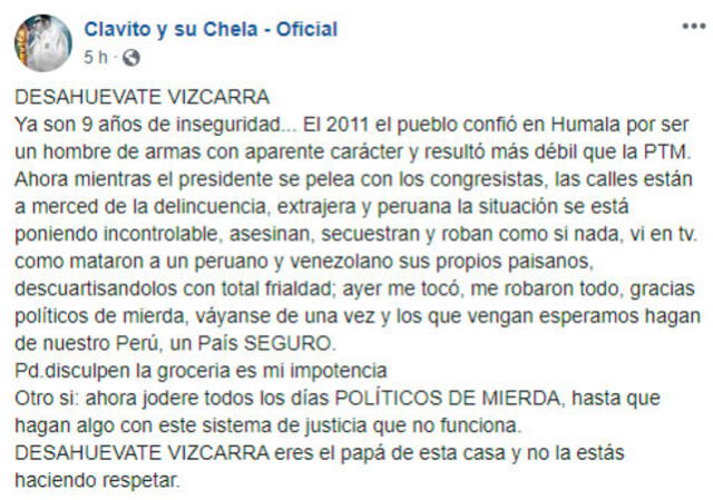 Representantes de la agrupación 'Clavito y su chela' pidieron al presidente Vizcarra que trabaje para frenar la delincuencia. Créditos: Facebook.