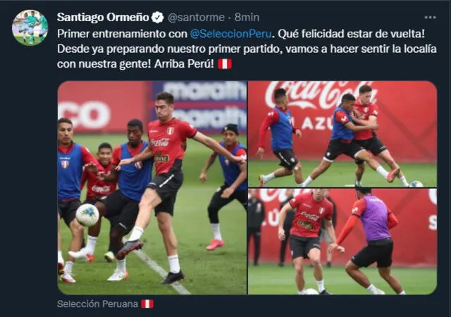 Santiago Ormeño se mostró contento por disputar su primer entrenamiento en su regreso a la selección peruana. Foto: Twitter Santiago Ormeño.
