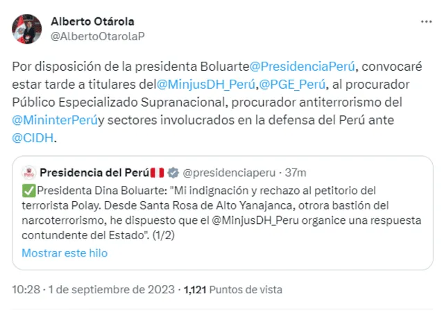  Otárola convoca a autoridades para este viernes 1 de setiembre. Foto: Twitter   