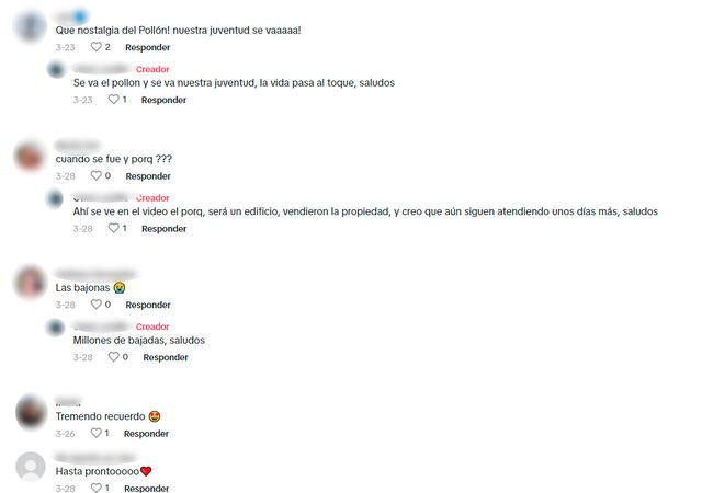 Algunos de los comentarios lamentando la demolición de El Pollón. Foto: TikTok   