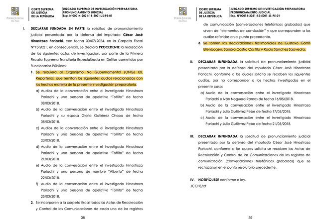 PJ declara fundado en parte pedido de César Hinostroza.   