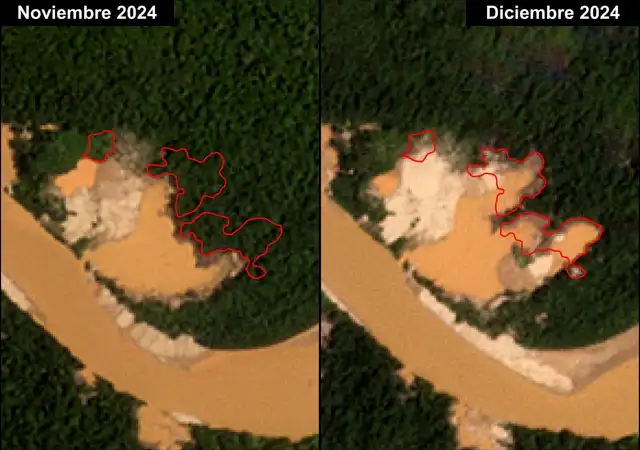 Comparativa de la zona afectada por la minería ilegal. Foto: RAMI   