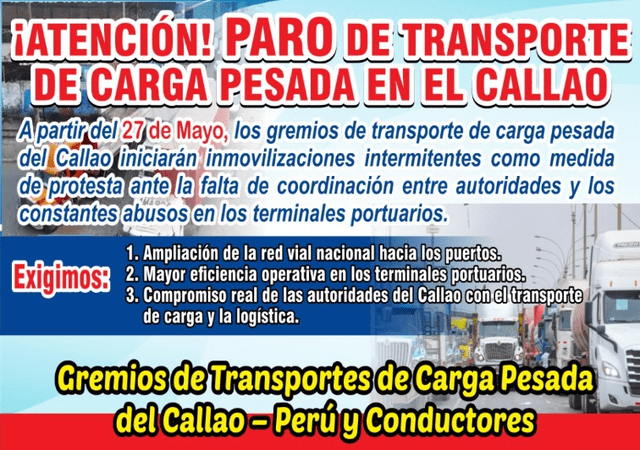 Anuncio de paro de transporte de carga pesada en el Callao