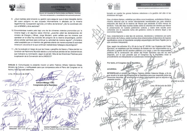Extractos de las mociones de interpelación contra el ministro de Cultura, Fabricio Valencia | Foto: La República. Extractos de las mociones de interpelación contra el ministro de Cultura, Fabricio Valencia | Foto: La República.