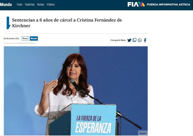 Así informó la prensa internacional sobre la sentencia de prisión a Cristina Kirchner. Foto: captura Tv Azteca.