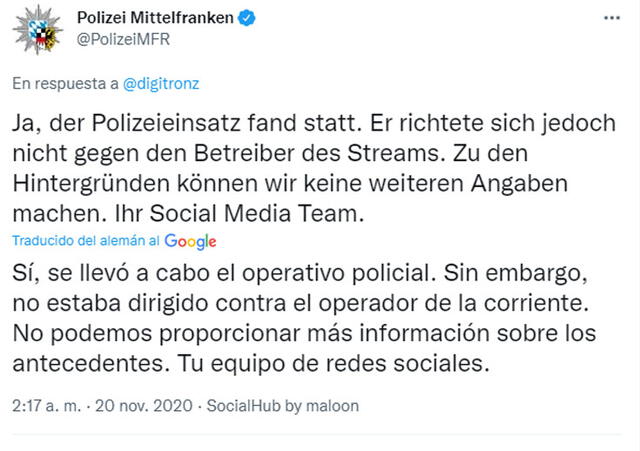 Comunicado. Foto: captura en Twitter / Policía de Mittelfranken.