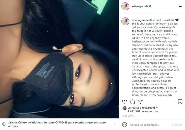 Ariana Grande advirtió sobre los peligros de no vacunarse contra la COVID-19.