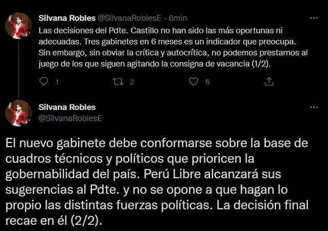 Silvana Robles confirmó que Perú Libre brindará sugerencias al presidente Castillo para conformar al nuevo gabinete. Foto: captura de Twitter