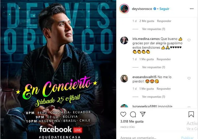 Deivys Orosco ofrece concierto en vivo. Foto: Instagram.