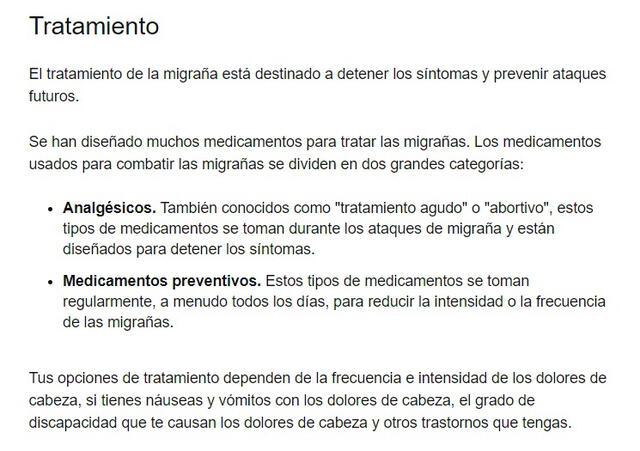 Tratamiento de la migraña. Foto: captura web Mayo Clinic.