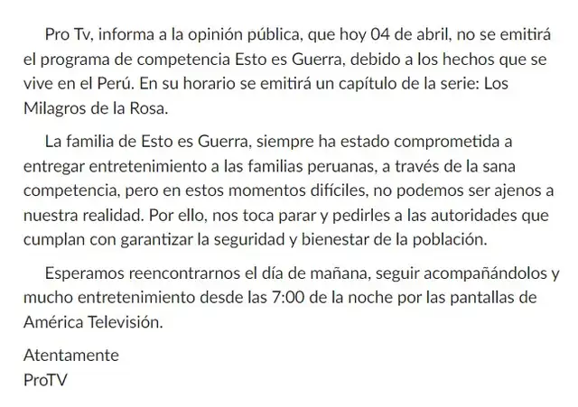 "Esto es guerra" emite comunicado informando la ausencia del programa. "Esto es guerra" emite comunicado informando la ausencia del programa.