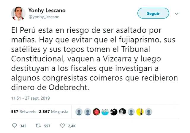 Yonhy Lescano se pronuncia tras propuesta de Cuestión de Confianza