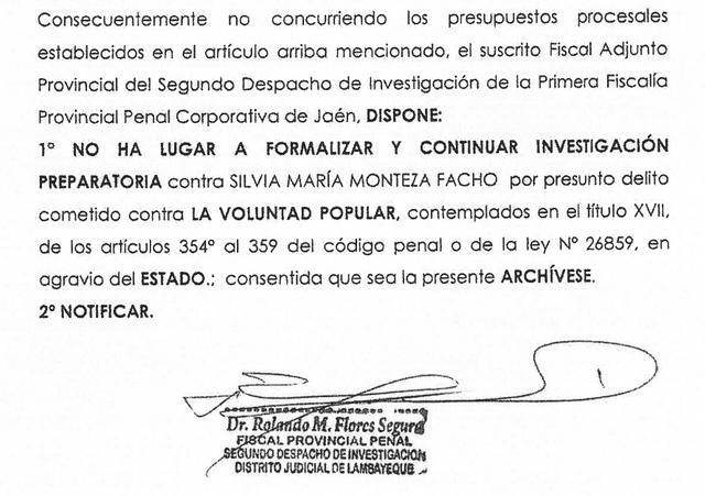 Disposición fiscal que archiva la denuncia contra Silvia Monteza. Foto: documento