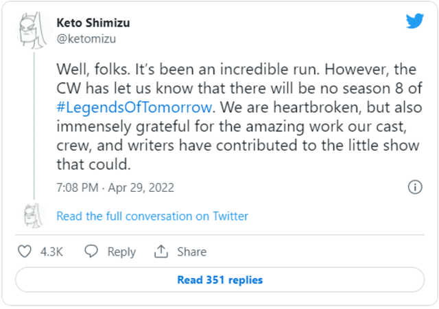 Anuncio de la cancelación de "Legends of tomorrow". Foto: Twitter