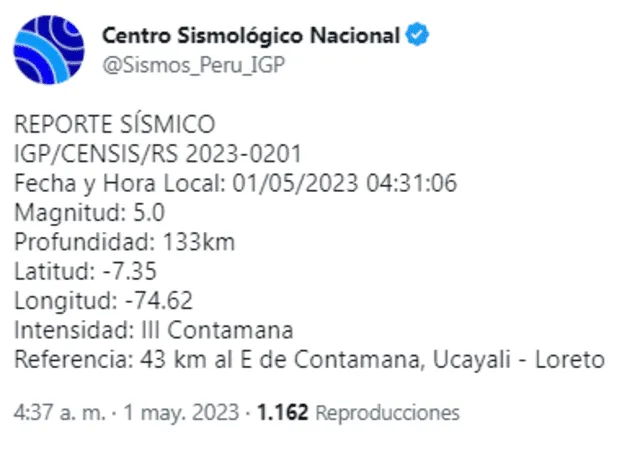 Sismo de 5.0 en Loreto. Foto: IGP   