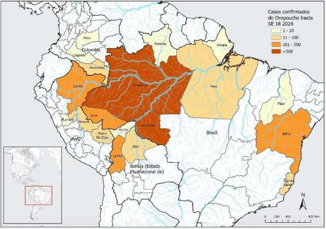 Mapa con distribución de casos de fiebre de Oropouche en Sudamérica en 2024. Foto: OPS   