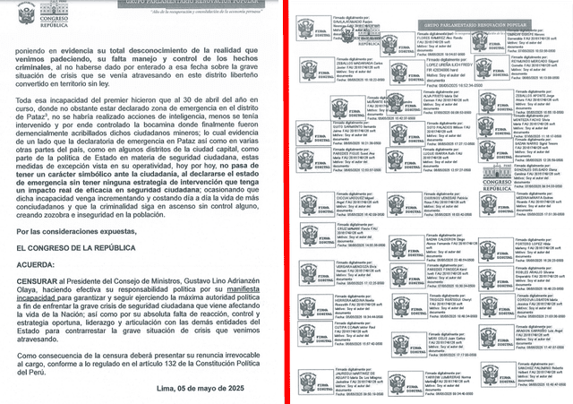 Firmas para la cuarta moción de censura contra Gustavo Adrianzén. Foto: composición LR Firmas para la cuarta moción de censura contra Gustavo Adrianzén. Foto: composición LR
