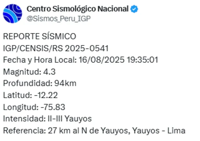 El IGP reporta sismo de 4,3 en Lima. Foto: IGP   