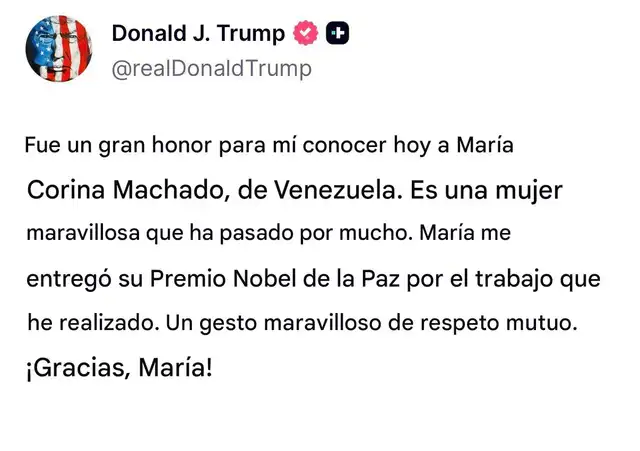  El comité del Premio Nobel aclara que, aunque la medalla puede cambiar de dueño, el título de laureado no es transferible. Foto: realDonaldTrump    