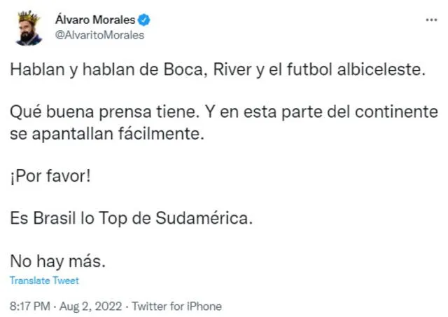 Publicación de Álvaro Morales de su cuenta de Twitter