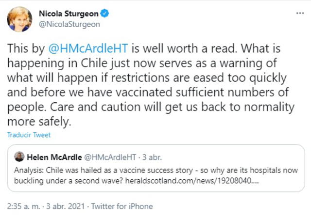 "El cuidado y la precaución nos devolverán a la normalidad con mayor seguridad", añadió Sturgeon sobre la pandemia de coronavirus. Foto: captura de Twitter