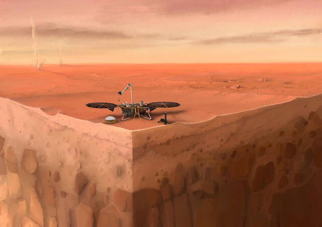 Representación artística del módulo de aterrizaje InSight explorando las capas de subsuelo marcianas| Foto: IPGP / Nicolas Sarter