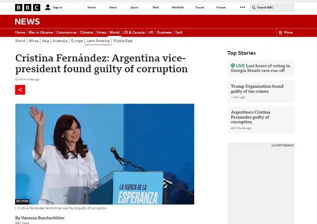 Así informó la prensa internacional sobre la condena a prisión a Cristina Kirchner. Foto: captura BBC.