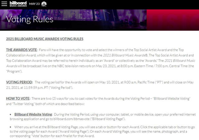 Reglas para votar en los BBMAs 2021. Foto: captura web Billboard