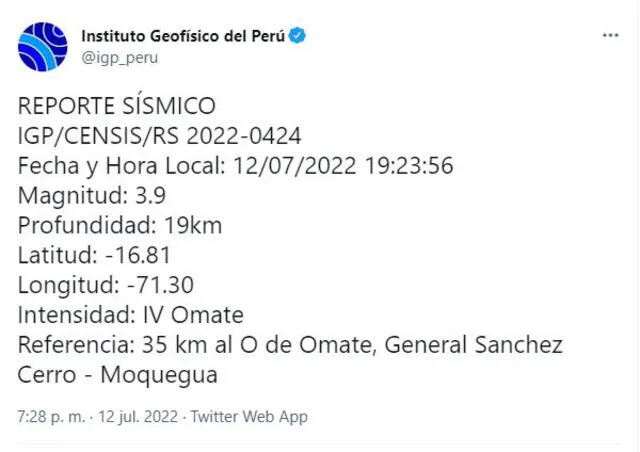 Sismo en el sur, reporte de IGP